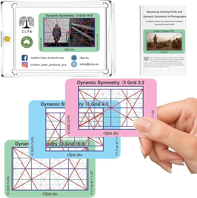 CLPA Dynamic Symmetry Root 3 Directors and Artists Camera and Drawing Viewfinder: Credit Card-Sized Composition Grids for Video, Photography & Art - Set of 3 View Finders in 4:3, 3:2, & 16:9.