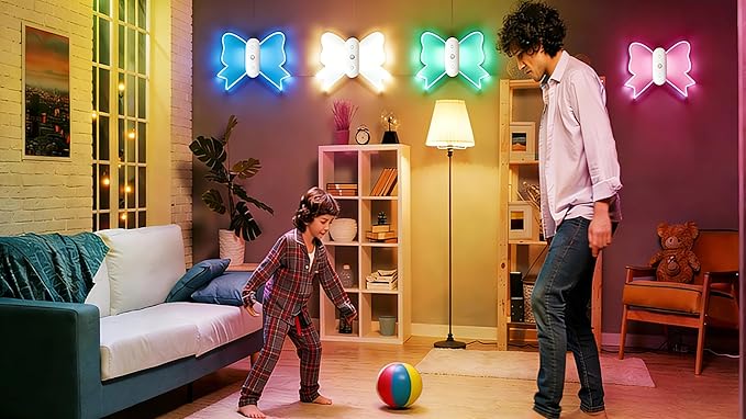 LOFTEK Rechargeable Motion Sensor Wall Sconce 2PCS- 15 RGB Butterfly Ambient Light Dimmable - Acrylic Bow-Knot Night Light Peel & Stick Wall Lamp for Balcony Bedroom Stair Hallway Kid's Room