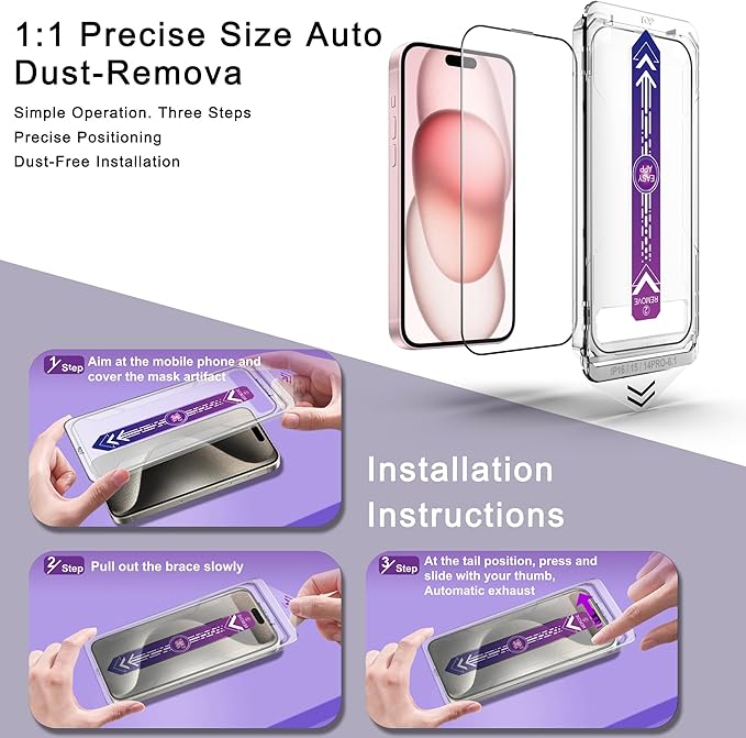 CHRYSHA 2 Pack Screen Protector for iPhone 14 Pro/iPhone 15 / iPhone 16, 9H Tempered Glass, Full Coverage, Anti-Fingerprint, Auto Dust-Elimination, No Bubble, Easy Installation