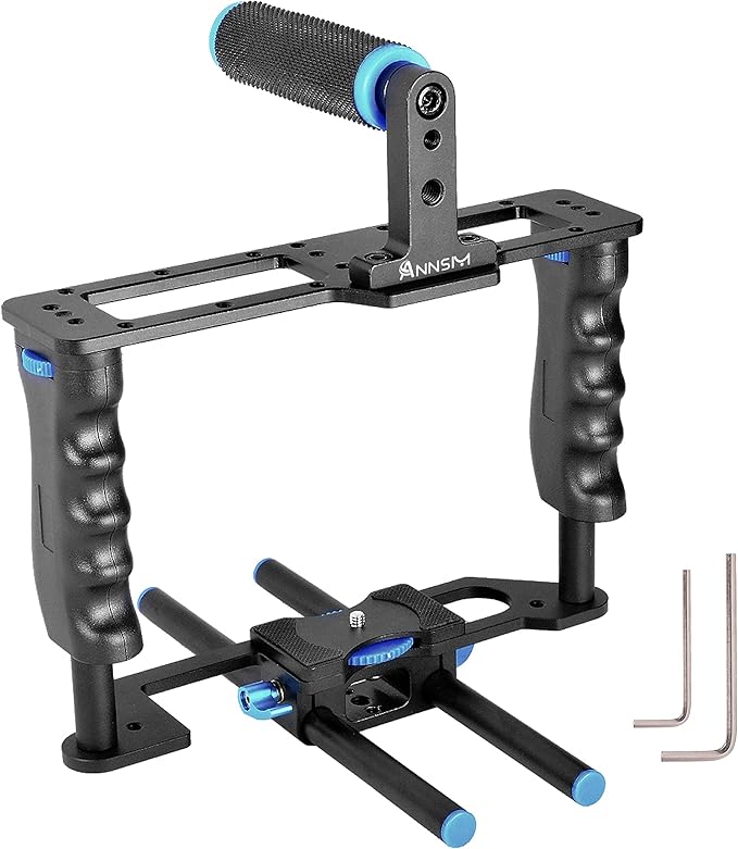 Camera Cage Aluminum Movie Filmmaking Video Rig with Top Handle/Dual Side Grips/and Std 15mm Rail Rods for Canon EOS R5C R5 R6 Sony A7 Series A6600 Nikon