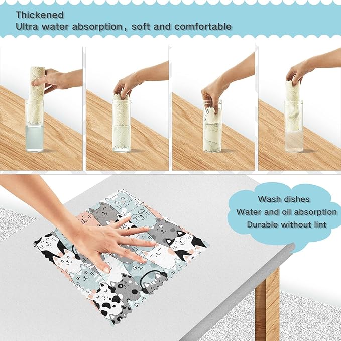 CaTaKu Cute Cat Funny Kitchen Cloths, Reusable Dish Rags for Washing, Microfiber Cleaning Cloths Dish Towels Washcloths for Kitchen Drying, 6 Pack