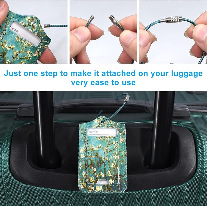 ACdream Luggage Tags 2 Pack, Leather Suitcase Tags Identifiers, Cute Cruise ID Labels with Privacy Cover fits on Backpack, Travel Bag, for Women, Men, Adults, Kids, Blossom