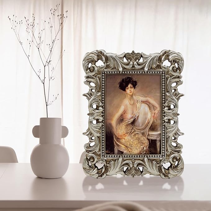 Silver Frames 5x7 Ornate Vintage Baroque Antique Picture Frame for Tabletop or Wall Display Wedding Photo with Glass Front