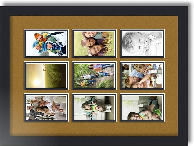 ArtToFrames Collage Photo Frame Double Mat with 9-3x5 Openings with Satin Black Frame and El Dorado mat.