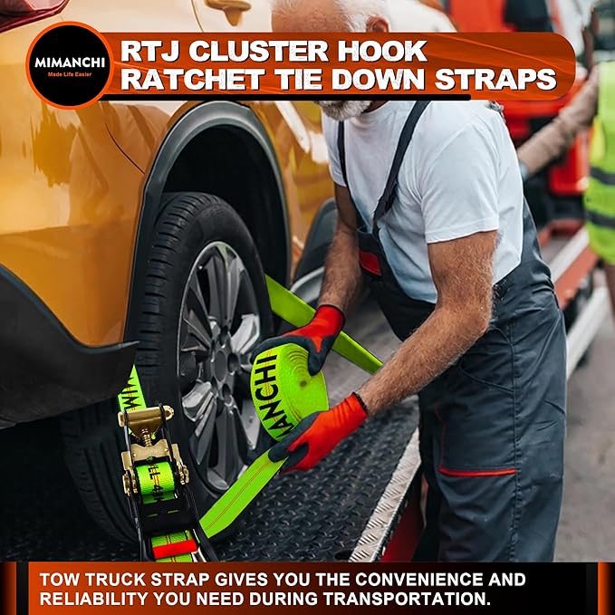2" x 12' RTJ Cluster Hook Ratchet Straps with 8 Point Chain, 4 Pack - Heavy Duty Tow Strap for Trucks, Trailers, and Car Haulers - Wheel Tie Down Straps for Tow Trucks & Auto Transport