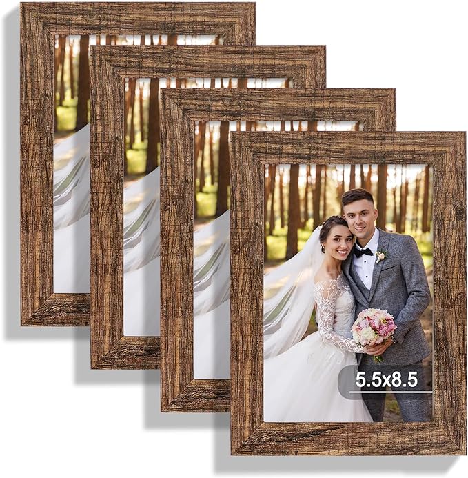 5.5 x 8.5 Diploma Frame Set of 4, Made of Real Glass and Rustic Brown Frame, 5.5 by 8.5 Photo for Wall or Tabletop