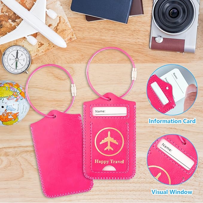 Luggage Tags, ACdream Leather Case Luggage Bag Tags Travel Tags 2 Pieces Set, Pink