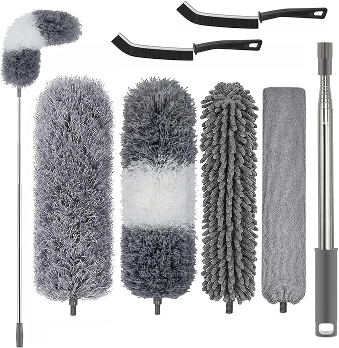 Professional Microfibre Dusters for Cleaning | Duster with Extension 100" | Cobweb Remover Duster Kit with 4 Washable Heads | Bendable Feather Duster for High Ceilings,Fans & Hard-to-Reach Areas,7PCS