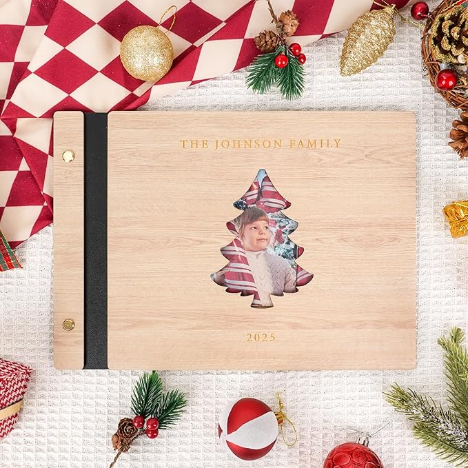 Personalized Christmas Photo Album - Wooden Custom Memory Photo Album, Vintage Memory Book for Family Holiday Memories, Unique Christmas Gift