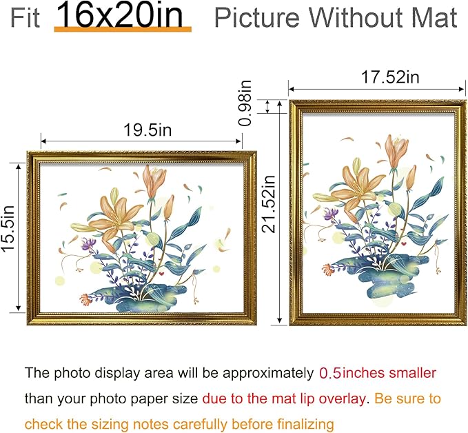 BESCRCL 16x20 Picture Frame Gold, Frames for Wall Display, Rustic Vintage Photo Frame with Shatterproof Crystal Acrylic, 4 Pack