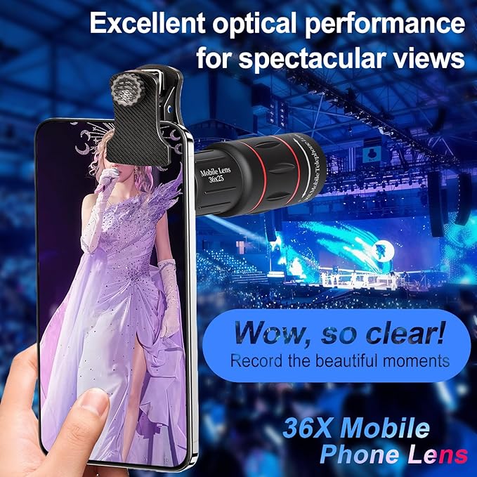36X Telephoto Lens Kit for iPhone and Android Cell Phones, Long Focus Telephoto Phone Lens with Universal Clip, Suitable for Outdoor Picture Video Taking