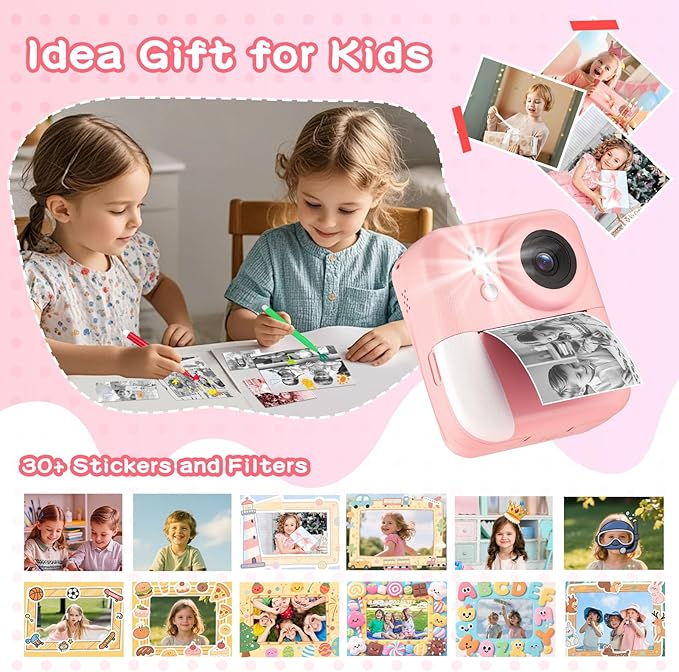 Kids Camera Instant Print Color Photos, Dual-Lens Instant Print Camera for Kids, Toddler Portable Travel Digital Camera Toy for 6 7 8 Year Old Boys Girls Christmas Birthday Gifts 64GB Card