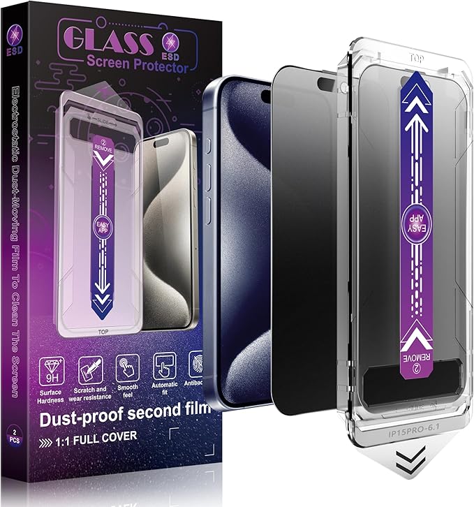 SHANG PIN JIA 2 Pack Matte Privacy Screen Protector for iPhone 15 Pro 6.1-Inch Auto Dust Removal, No Bubbles,Anti-Spy Tempered Glass Film, Easy Installation