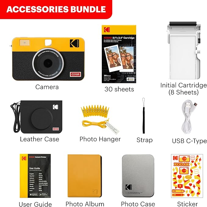 KODAK Mini Shot 2 Retro 4PASS 2-in-1 Instant Digital Camera and Photo Printer (2.1x3.4 inches) Initial 8 Sheets + 30 Sheets Gift Bundle, White
