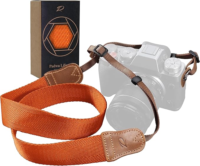 Padwa Lifestyle Orange Camera Strap - 1.5" Double Layer Crazy Horse Cowhide Ends Camera Straps for Photographers,Universal Adjustable Pure Cotton Woven Neck Shoulder Strap for Cameras and Binoculars