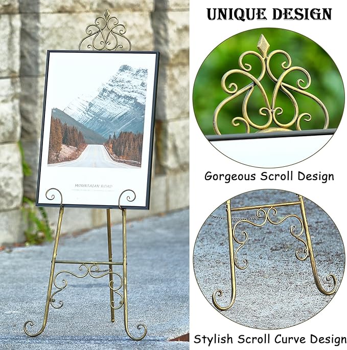 Vintage Metal Free Standing Adjustable Display Stand Easel with Chain Support, Extra Large Scroll Floor Standing Easel for Display Mirror Wedding Welcome Signs Picture Frame