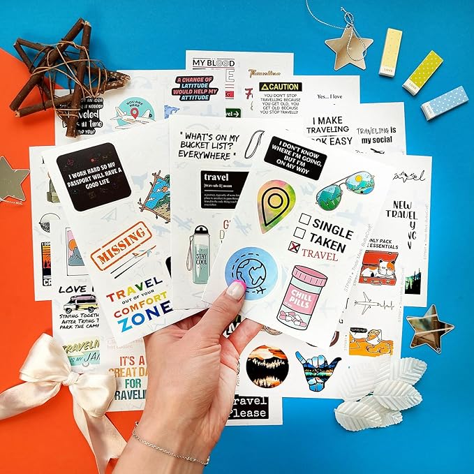 BulbaCraft 100Pcs Funny Travel Stickers, Scrapbook Stickers Travel, Travelers Notebook Accessories, Funny Travel Laptop Decals, Gifts for Women & Men