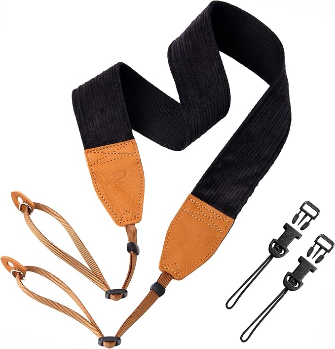 Padwa Lifestyle Corduroy Camera Strap - 2" Double Layer Full Grain Cowhide Leather Head Camera Straps for Photographers, Unique Soft Corduroy Fabric with Quick Release fits all Cameras -Black