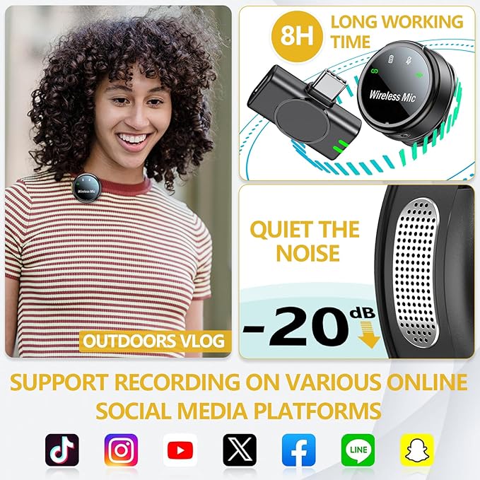 2 Pack Mini Microphone for iPhone iPad and Android Phone, Wireless Lavalier Microphone Noise Reduction Lapel Mic for Video Recording, Interview, YouTube, Vlog, Tiktok