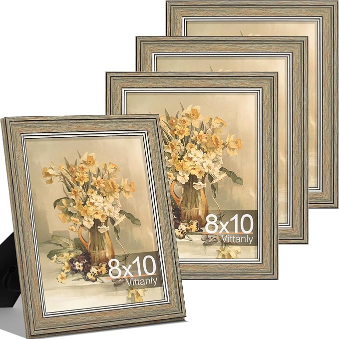 Vittanly 8x10 Picture Frame Set of 4, Vintage Photo Frame for Wall or Tabletop, Display 5x7 Pictures with Mat or 8x10 without Mat, Rustic Farmhouse Home Decor, Vintage Green