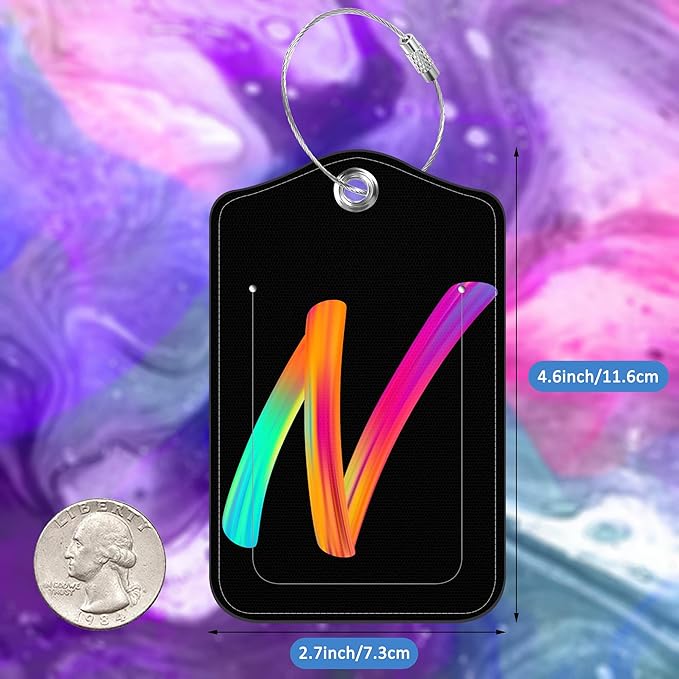 Luggage Tags for Suitcase,2 Pack Neon Colorful Letters Luggage Tags,Leather Baggage Tags Identifiers with Privacy Name Address Labels and Metal Loop for Women Men Girls Travel,Letter N