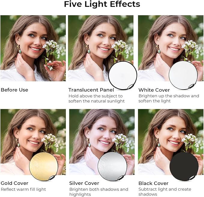 K&F CONCEPT 5-in-1 Light Reflector with Grip 22"(60cm) Photography Diffuser Collapsible Portable for Studio and Outdoor Lighting Gold Silver White Black Translucent
