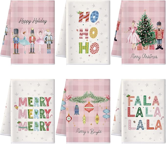 Preboun 6 Pcs Christmas Kitchen Towels Nutcracker Tree Christmas Dish Towels Pink and White Buffalo Plaid Hand Towels Farmhouse Winter Tea Towels for Home Kitchen Bathroom Decor