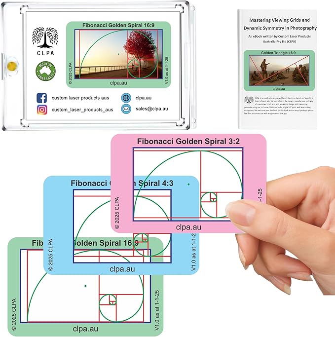 CLPA Fibonacci Golden Spiral Viewfinder: Credit Card-Sized Composition Grids for Video, Photography & Art in 4:3, 3:2, & 16:9