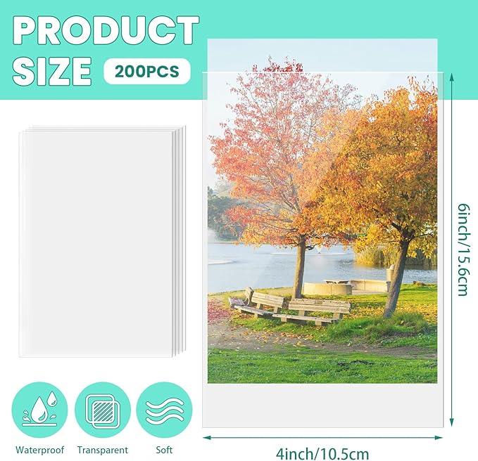 VOKOY 200 Pack 4x6 Photo Sleeves, No Holes Archival Quality Sheet Protectors Clear Top Loading Page Protectors Waterproof Soft Plastic Sleeve for Photos Postcards Pictures Art Prints Recipe Cards