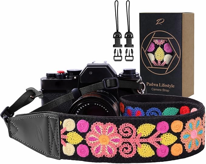 Padwa Lifestyle Colorful Crochet Camera Strap - 2" Full Grain Leather Ends Camera Straps for Photographers, Vintage Woven Cotton Soft Suede Fabric Padded Strap with Quick Release fits All Cameras