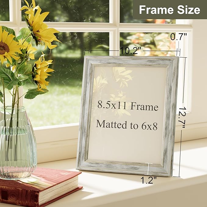 Vittanly 8.5x11 Picture Frame Set of 4, Vintage Photo Frame for Wall Mount, Display 6x8 Pictures with Mat or 8.5x11 without Mat, Rustic Farmhouse Home Decor, Distressed White