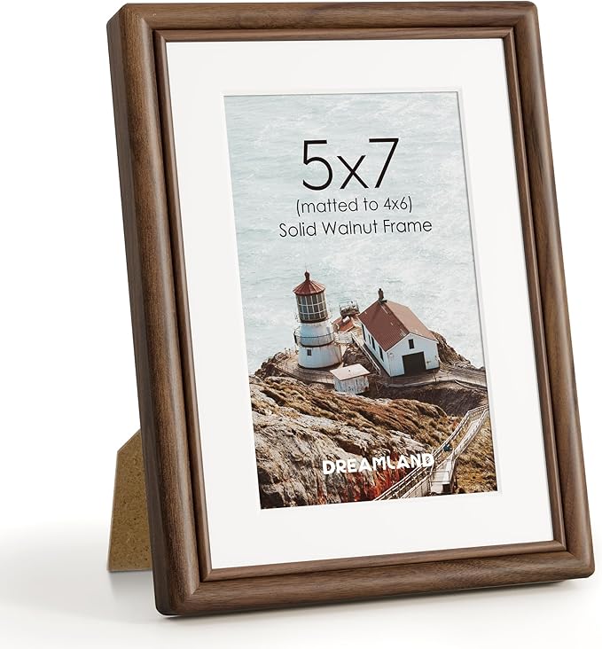 Dreamland 5x7 Picture Frame, Solid Walnut Wood 5x7 Photo Frame, 5 by 7 Wood Frames with Real Glass for Tabletop & Wall Display, 5x7 Frame Matted to 4x6