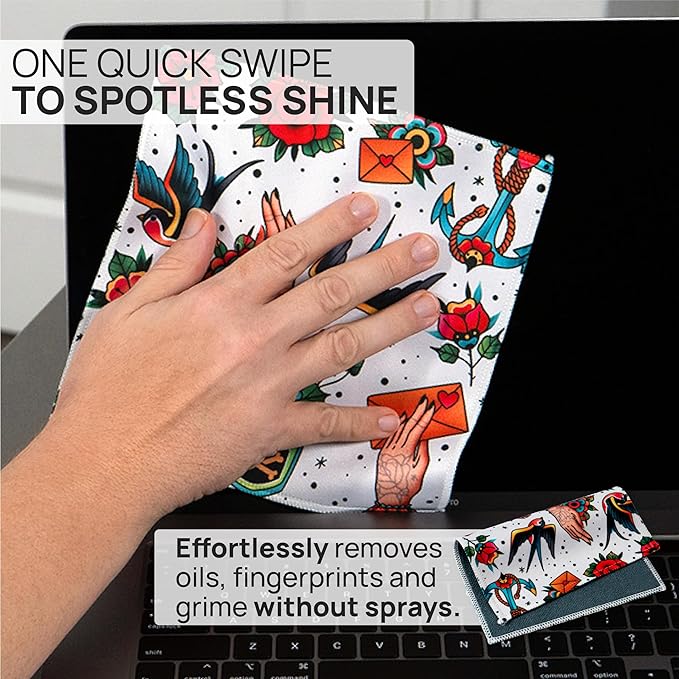 Quick Cloth Microfiber Glasses Cleaning Cloths – 8x8, Tattoo, 1 Pack with Case | Double-Sided Lens Cleaner for Eyeglasses, Camera, Screens & Glass | Reusable Microfiber Glass Polishing Cloths