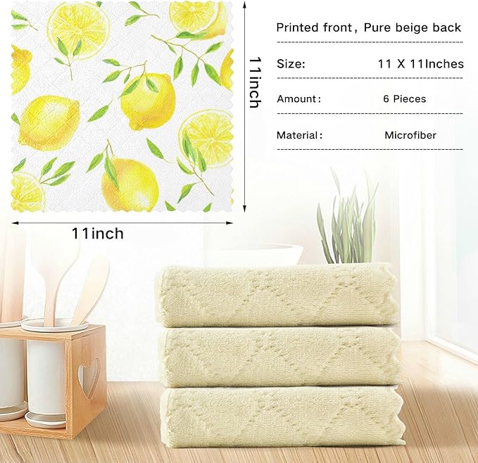 CaTaKu Lemons Leaves Kitchen Dish Cloths, 6 Pack Reusable Dish Rags for Washing Dishes, Microfiber Cleaning Cloths Dish Towels Washcloths for Kitchen Drying