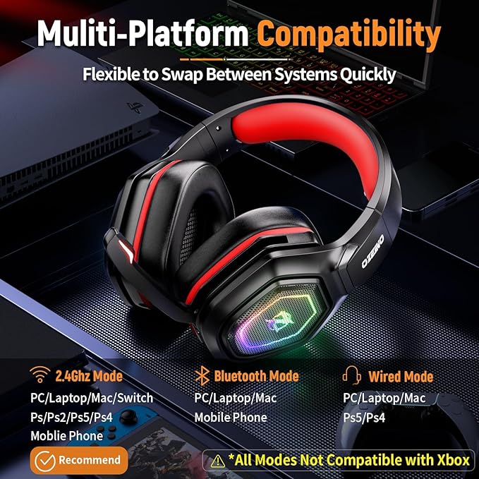 Ozeino 2.4GHz Gaming Headset Wireless with Flip Mic for Ps5, Ps4, PC, Gaming Headphones with USB-A & USB-C Transmitter, 40Hr Battery Gamer Headset for Laptop, Mobile, Mac