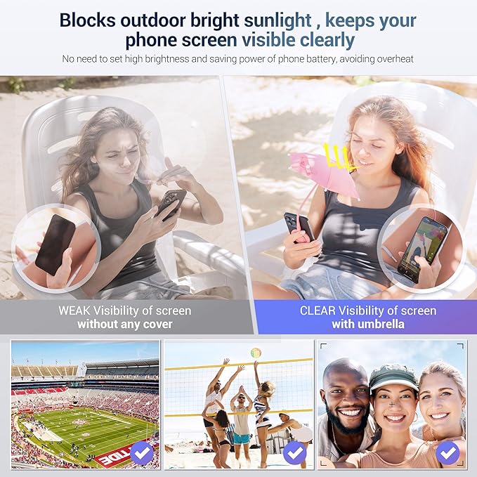 UPF 45+ Magnetic Phone Umbrella with Black Anti-UV Coating, Upgrade UV Cellphone Umbrella with Bendable & Phone Ring Design for Outdoor Beach Tiktok Video Watching Anti-Glare Gaming Anti-Heating-Orange
