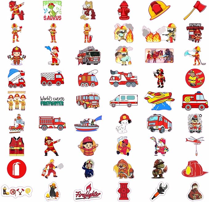 BulbaCraft Firefighter Stickers for Kids, 100Pcs Vinyl Decals, Waterproof, Reusable, Party Favors, School Supplies, Fire Truck Theme, Unisex