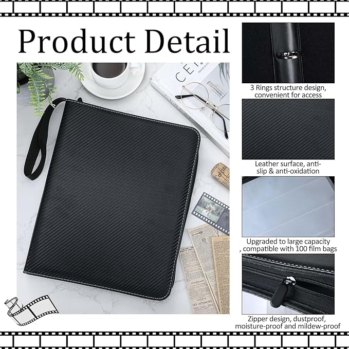 Feifeiya 1 Pack Acid Free Film Protector Storage Box 3 Ring Film Negative Sleeves Binder Preservers Portfolio Folder for Artwork Leather Storage Zipper Binder Box for 120 and 135 35 mm Negative