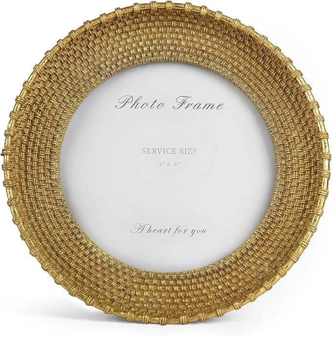 Cuspin Vintage Gold 5x5 Picture Frame, Gold Round Frame Rattan Textured Hand-Crafted Circle Frame with Glass Front, Retro Photo Frame for Tabletop Display & Wall Hanging, Home Decor, Gift Idea