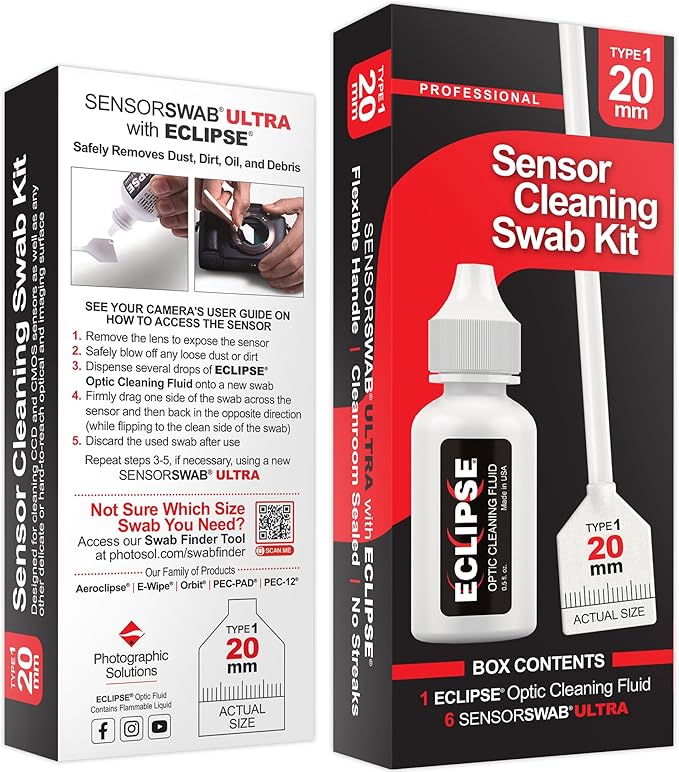 Sensor Cleaning Swab Kit - Eclipse Optic Cleaning Solution (0.5oz/15ml) + Type-1 Sensor Swab Ultra 20mm (Pack of 6) - for APS-H CMOS and CCD Sensors - Dust & Oil Remover