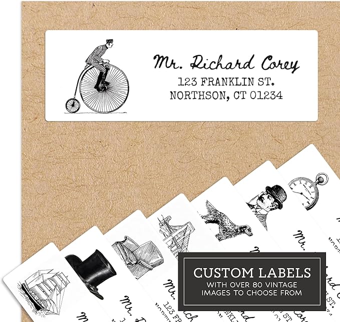 Personalized Return Address Labels - Vintage Elements - Over 80 Images to Choose from - Custom Self Adhesive Stickers for Envelopes (60-960 Labels) (Black & White Inkwell Style)