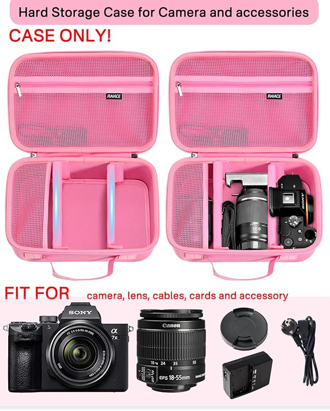 RAIACE Hard Case Compatible with Sony Alpha 7 II III IV/7R V Camera, for Nikon, for Canon, for Pentax and More. Large Capacity With Mesh Pocket for Lens, Charger, Cables, Cards and Accessories.-Pink