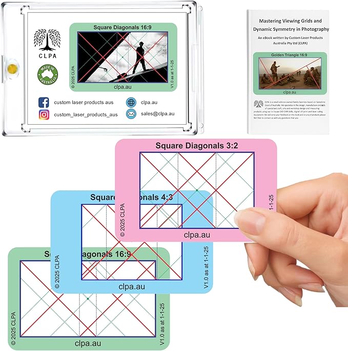 CLPA Square Diagonals Viewfinder: Credit Card-Sized Composition Grids for Video, Photography & Art in 4:3, 3:2, & 16:9