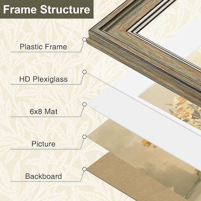 Vittanly 8.5x11 Picture Frame Set of 4, Vintage Photo Frame for Wall Mount, Display 6x8 Pictures with Mat or 8.5x11 without Mat, Rustic Farmhouse Home Decor, Multicolour