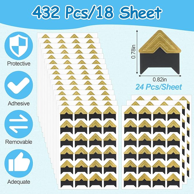 432 Pcs Photo Corners, Self Adhesive Picture Corners, Acid Free Corner Stickers for Scrapbooking, Photo Mounting Corners for DIY Scrapbook, Photo Album, Memory Books (Gold)