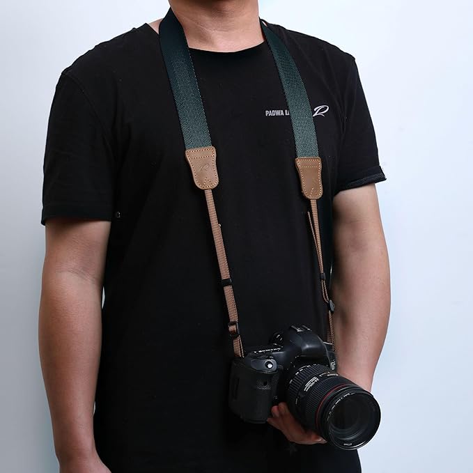 Padwa Lifestyle Dark Blue Green Camera Strap -Double Layer Crazy Horse Cowhide End,1.5" Wide Pure Cotton Woven Camera Straps,Adjustable Neck Shoulder Strap for All DSLR Cameras,Gift for Photographers
