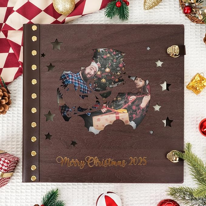 Personalized Wooden Christmas Holiday, Vintage Memory Scrapbook, Memories Photo Album for Family Holiday Memories, Unique Christmas Gift