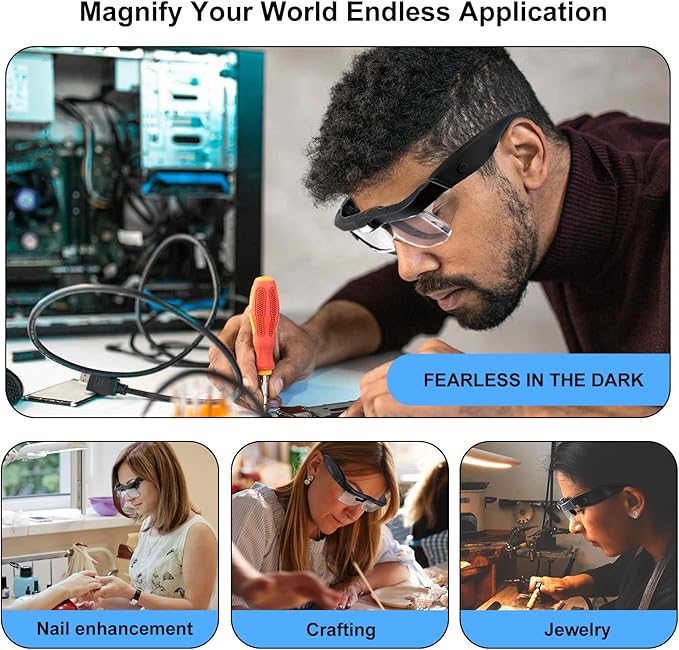 Magnifying Glass with Light Hands Free, Rechargeable Magnifying Glasses Headset with 5 Detachable Lenses Magnifier for Close Work, Reading, Jewelry Making Crafts (Black)