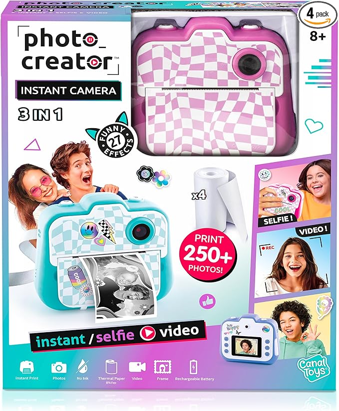 Photo Creator 3-in-1 Instant Camera for Kids – Pink; Camera, Instant Printer & Photo Booth with Fun Frames & Filters