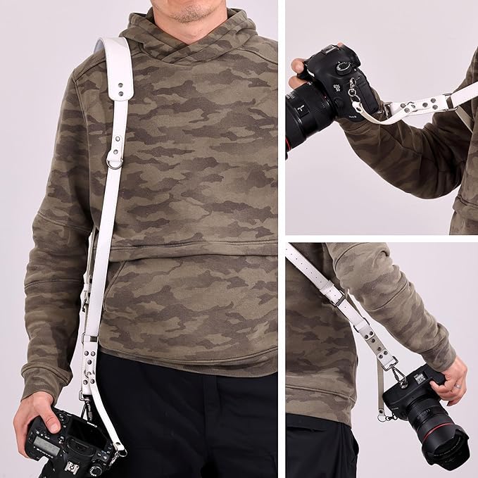 Padwa Lifestyle White Single Camera Harness Strap for One Camera - Professional Single Full Grain Leather Camera Harness with Thick Padded,Quick Release Gear DSLR Camera Straps for Photographers